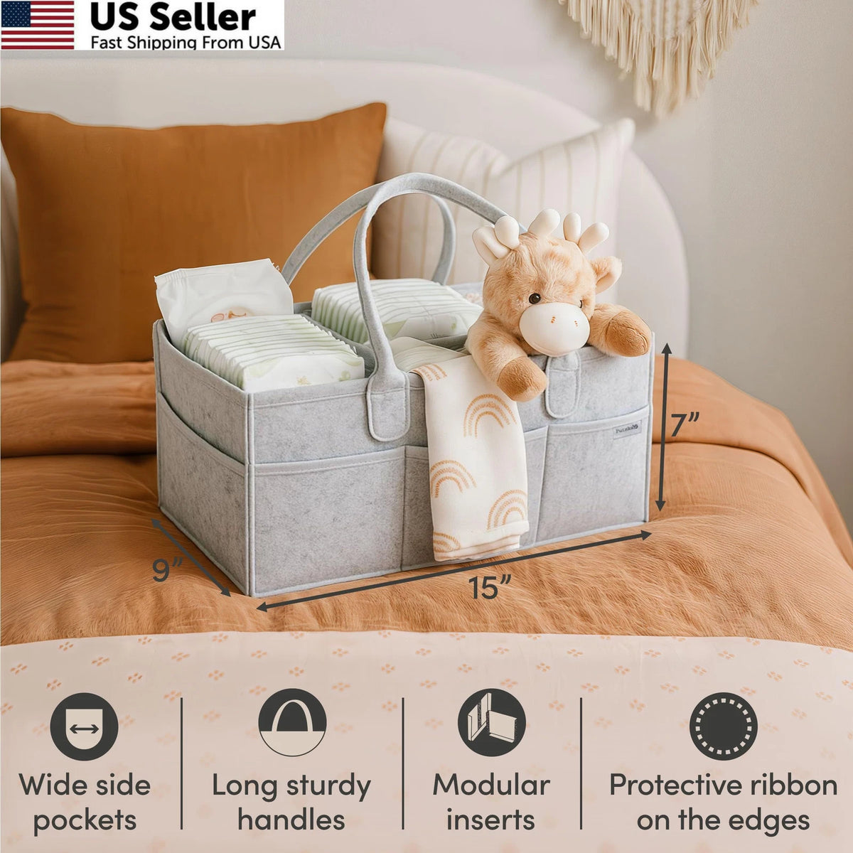 Diaper Caddy Organizer for Nursery Storage - Large, Grey