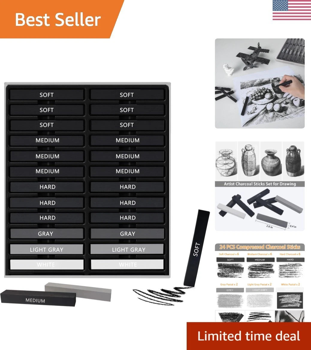Compressed Charcoal Kit for Artists (Soft, Medium, Hard Sticks & Pastels)