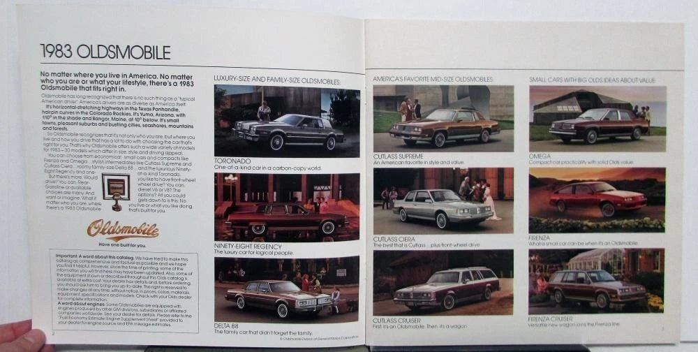 Options brochure for Oldsmobile Toronado Ninety-Eight Delta 88 (1983)