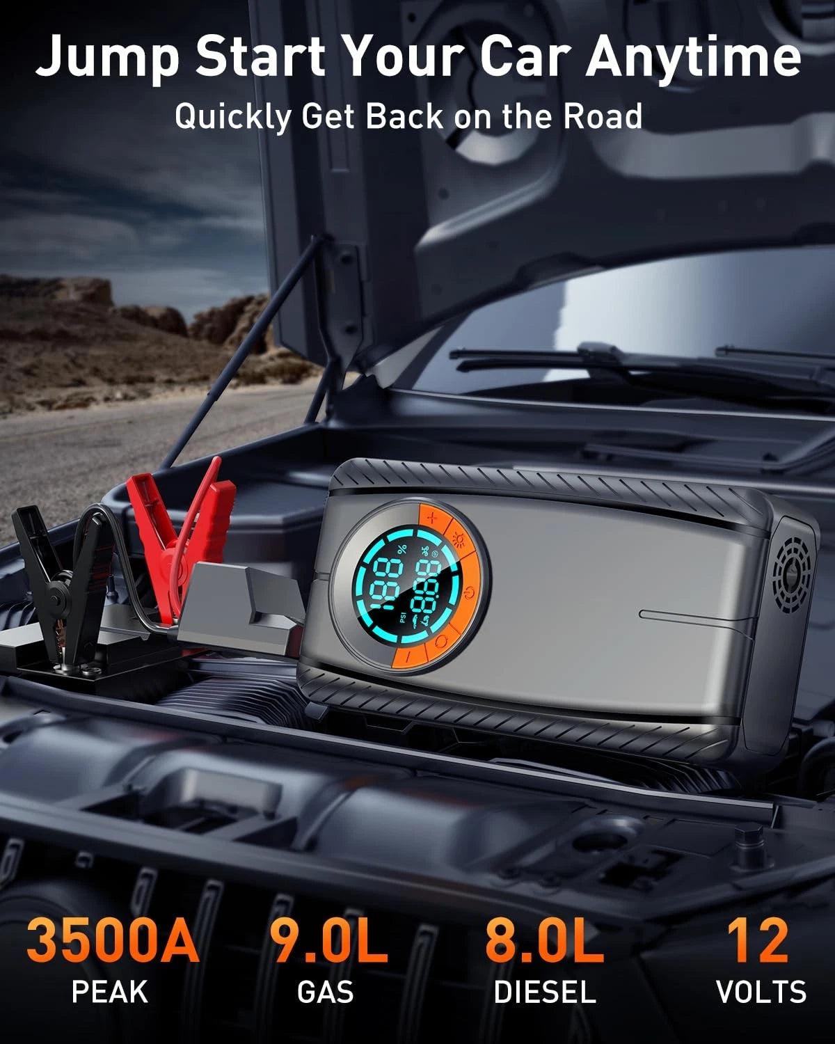 Portable Car Jump Starter with Air Compressor & LED Light for Universal Use
