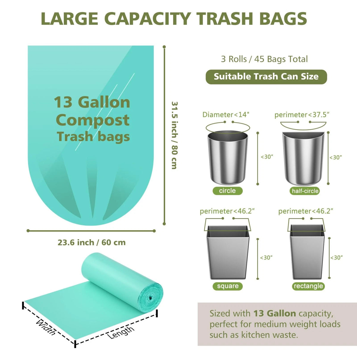 Compostable Trash Bags 13 Gallon for Tall Kitchen (45 Count)