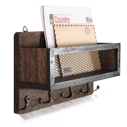 Mail and Key Holder for Wall - Wooden Mount Brown