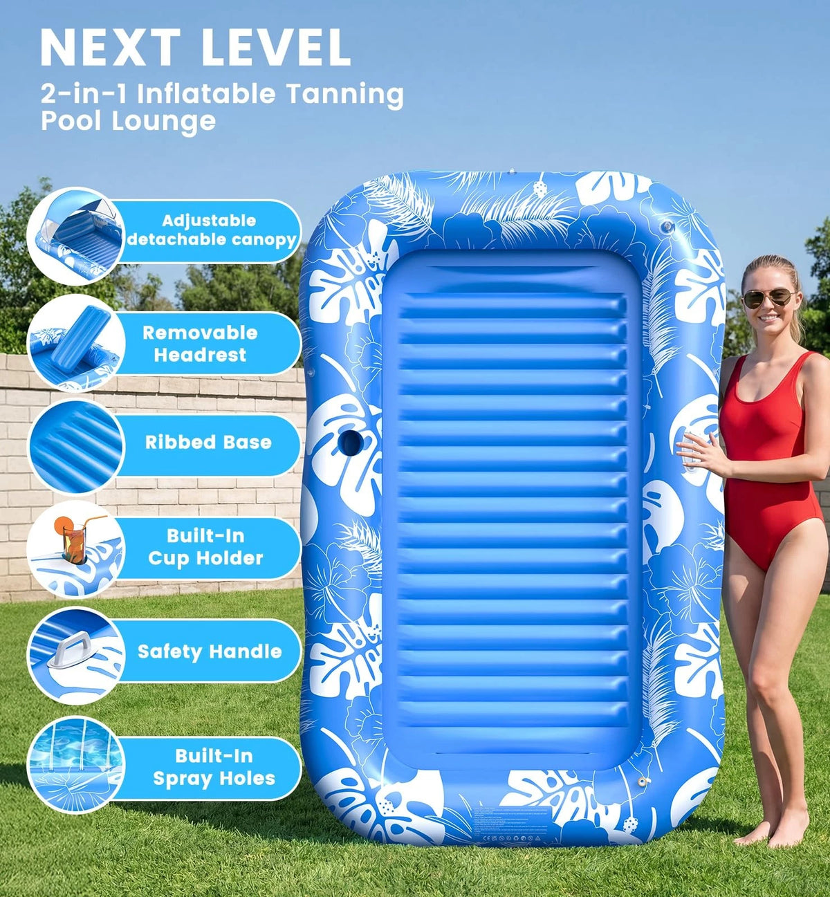 Inflatable Tanning Pool Lounger Float with Sprinkler & Canopy (77")