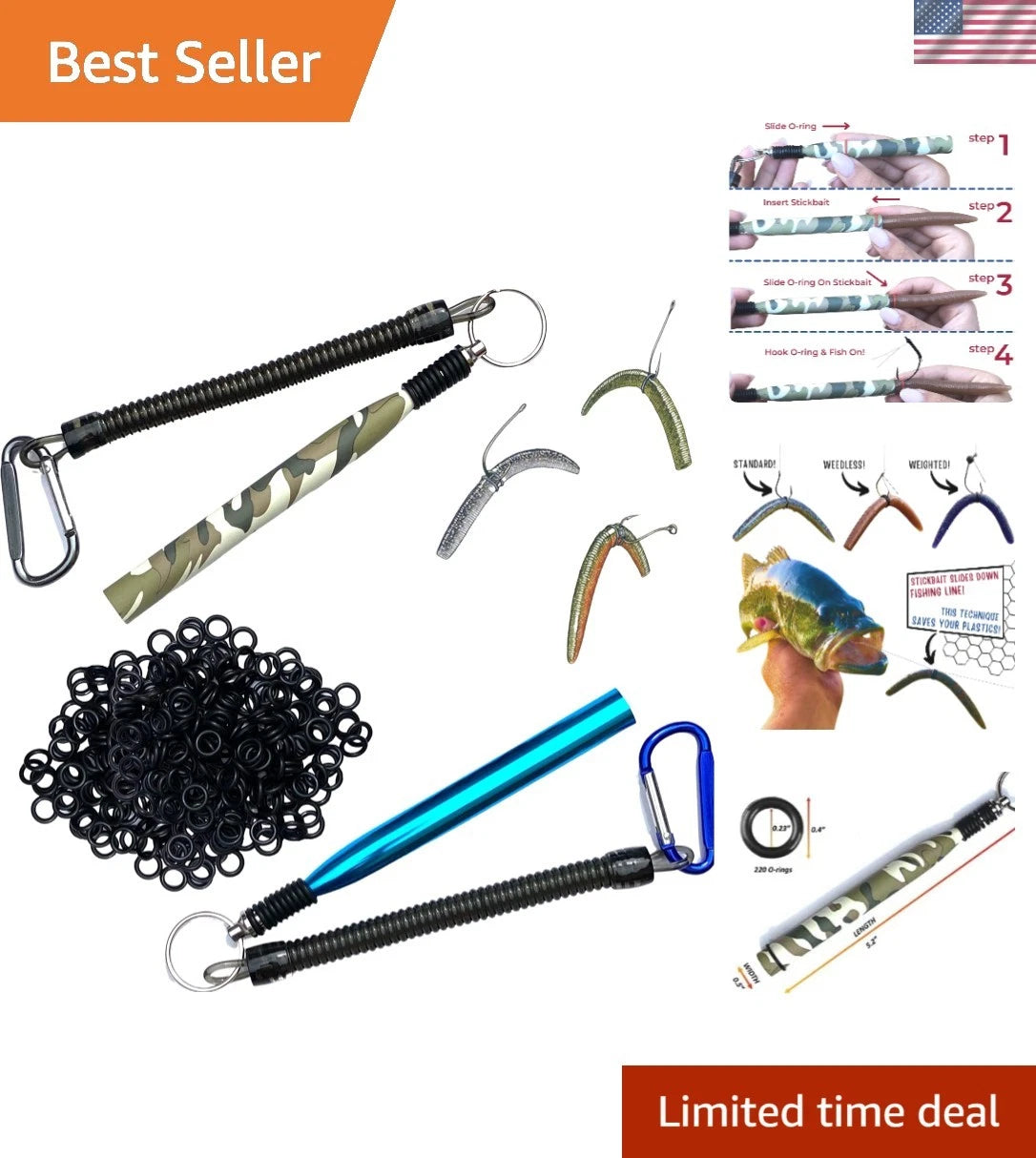 2-Pack Wacky Rig Tools + 220 Black O-Rings for Bass Fishing