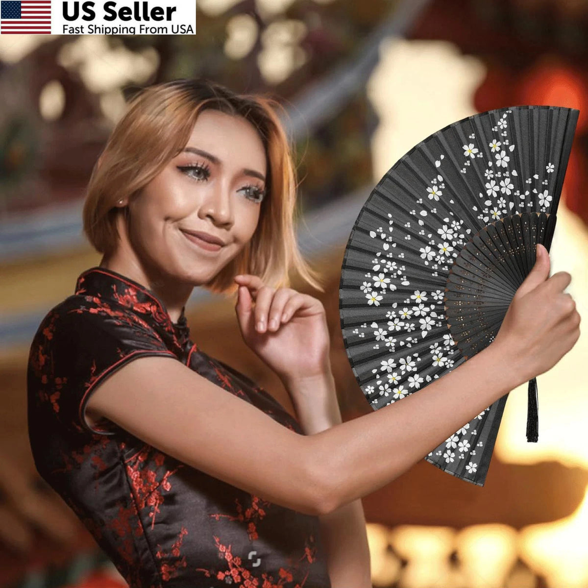 Folding Handheld Fan for Women - Black-Sakura