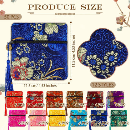 50 Pcs Silk Purse Pouch Gift Bags Bulk, Chinese Brocade Style