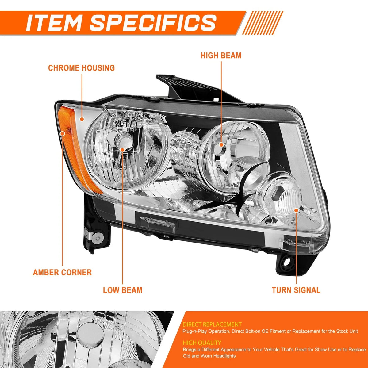 Right Side Chrome Amber Headlight for Jeep Grand Cherokee (2011–2013)