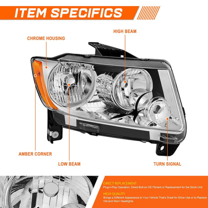 Right Side Chrome Amber Headlight for Jeep Grand Cherokee (2011–2013)