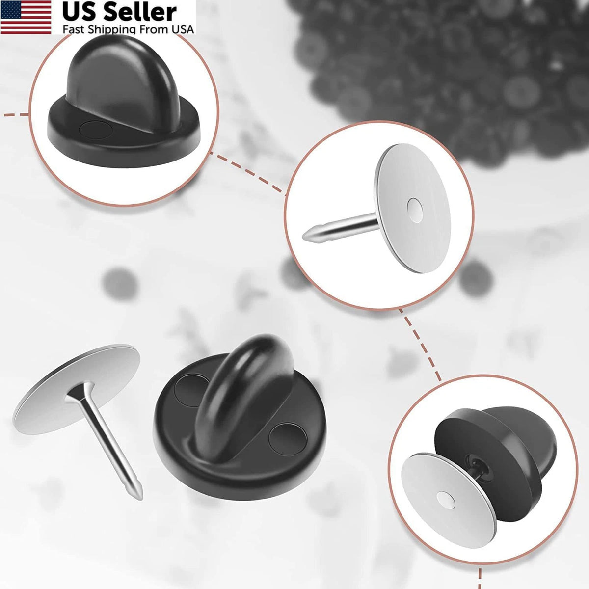 2X Rubber Blank Pin Backs for Butterfly Clutch Holders - Black