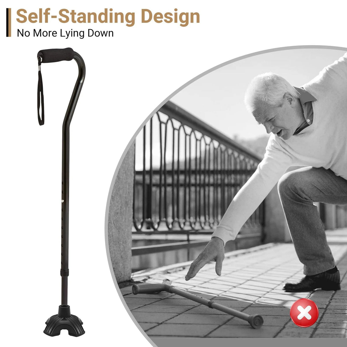 2X Cane Tips for Stability, Self Standing Base (Black)