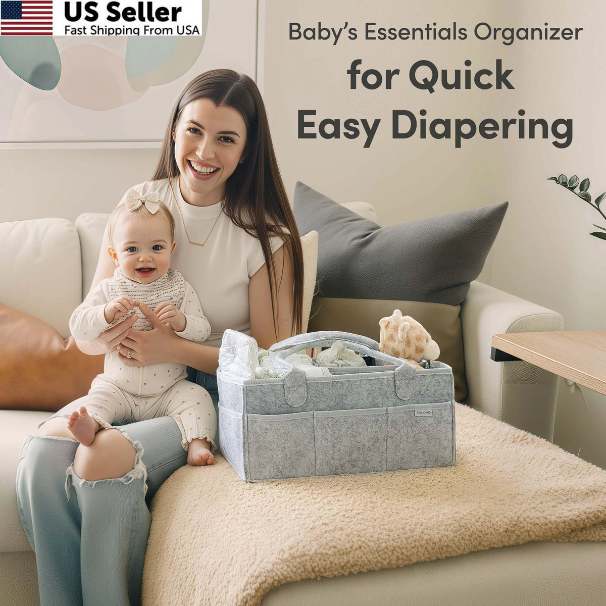 Diaper Caddy Organizer for Nursery Storage - Large, Grey