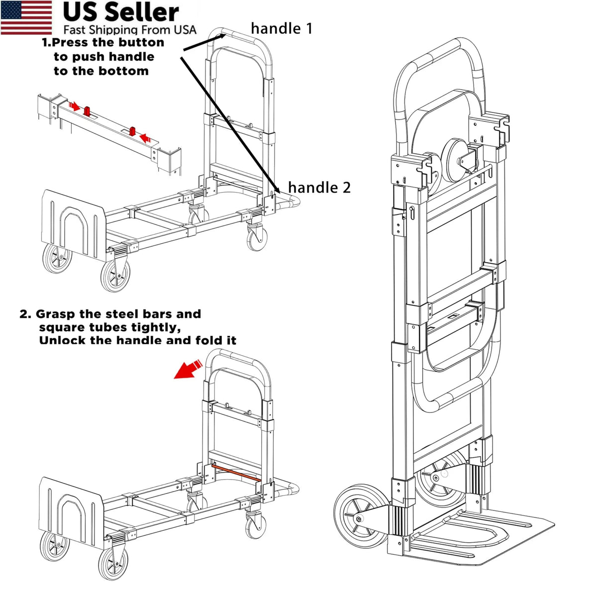 3 in 1 Convertible Hand Truck Dolly Cart for (500lbs)