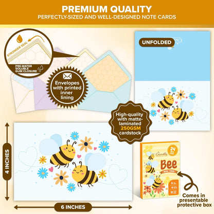 24 Pack Bee Note Cards with Envelopes and Stickers - 8 Designs