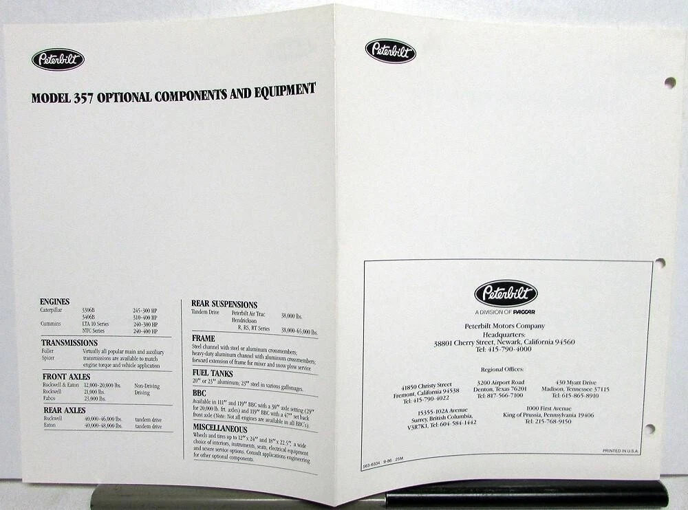 1987 Peterbilt Model 357 Specifications Brochure