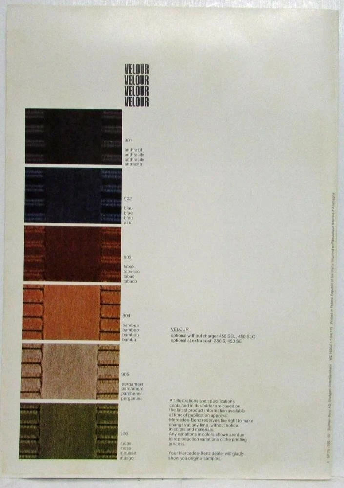 Mercedes-Benz Dealer Sales Brochure Interior Options for 1976