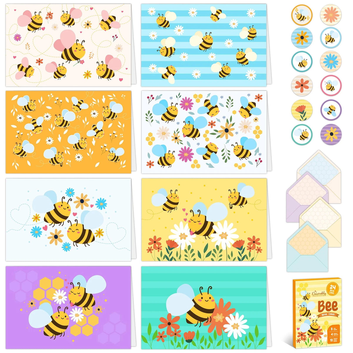 24 Pack Bee Note Cards with Envelopes and Stickers - 8 Designs