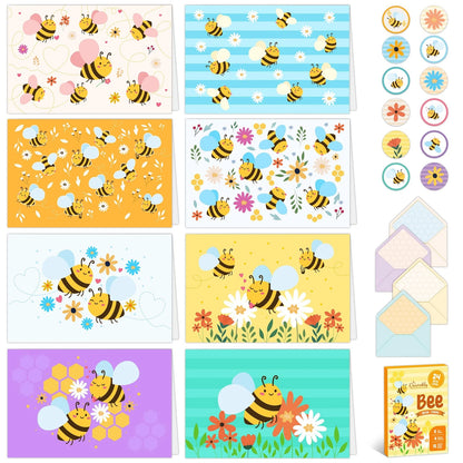 24 Pack Bee Note Cards with Envelopes and Stickers - 8 Designs