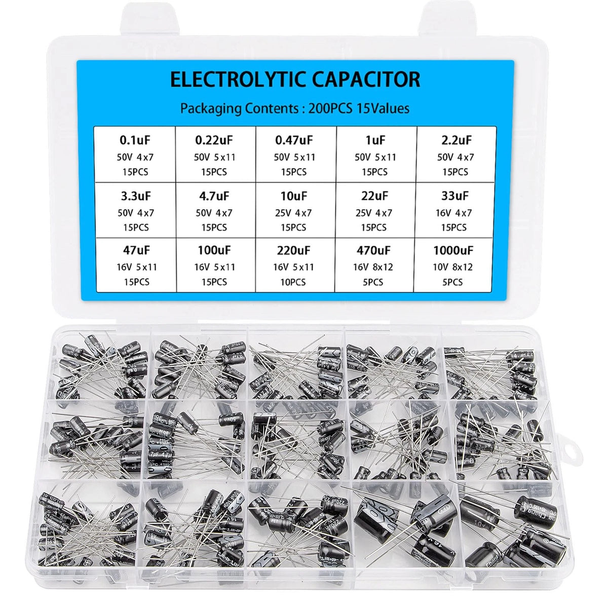 200PCS Electrolytic Capacitor Kit for Various Applications (0.1uF - 1000uF)