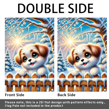Winter Garden Flag 12x18 Inch Double-Sided Puppy on Snowy Fence