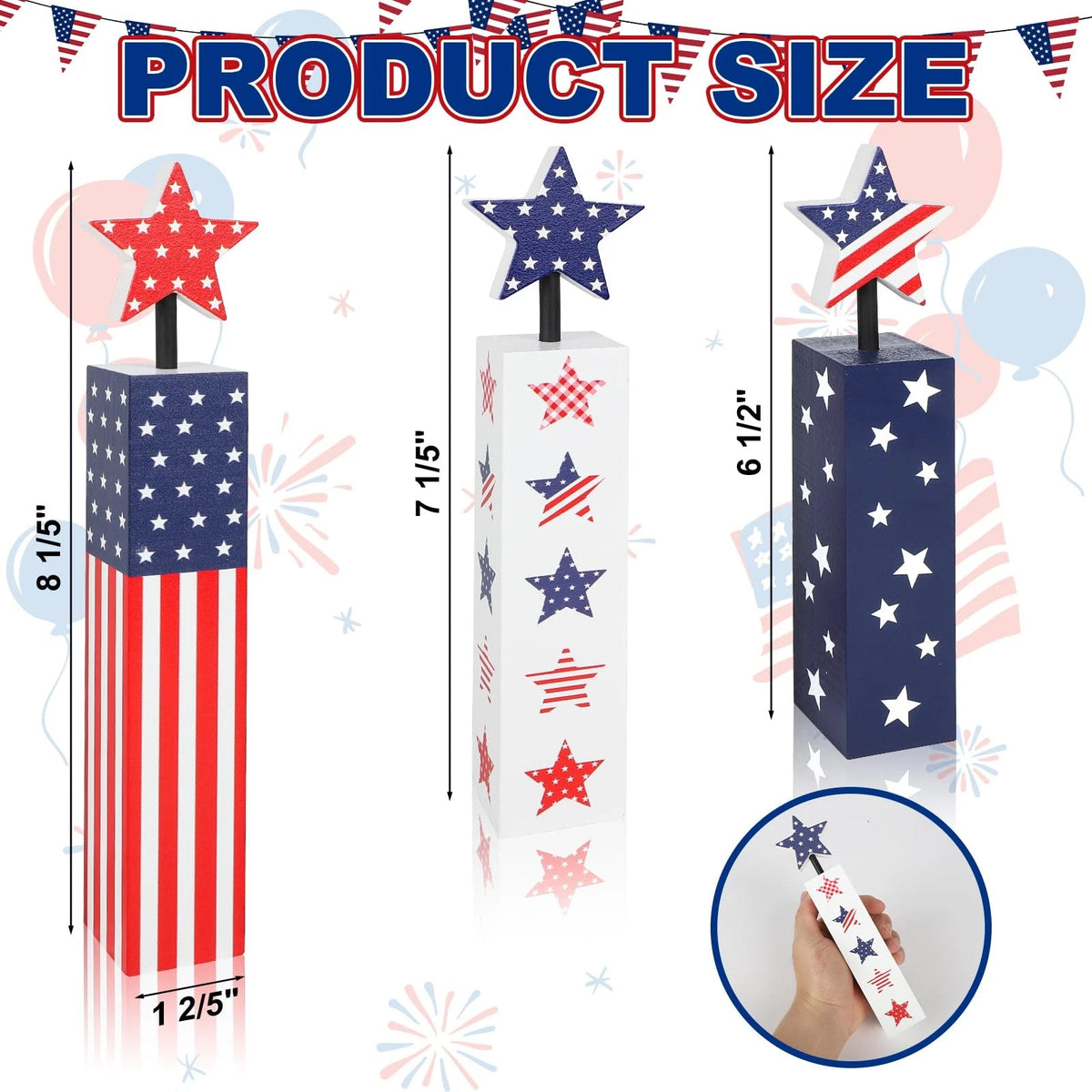 Set of 4 Red White Blue Wooden Patriotic Decorations for Memorial Day