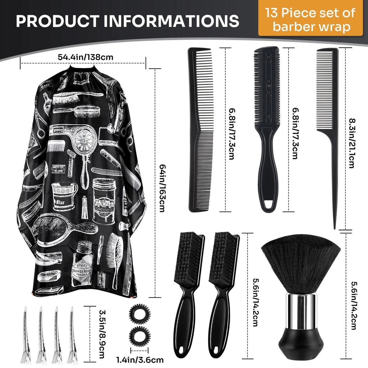 13-Piece Barber Cape Set with Neck Duster Brush, Adjustable Black 63"x55"