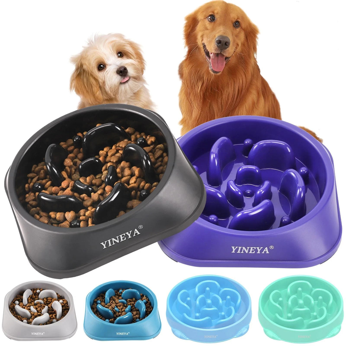 2X Slow Feeder Dog Bowls for Medium Pets - Purple & Black