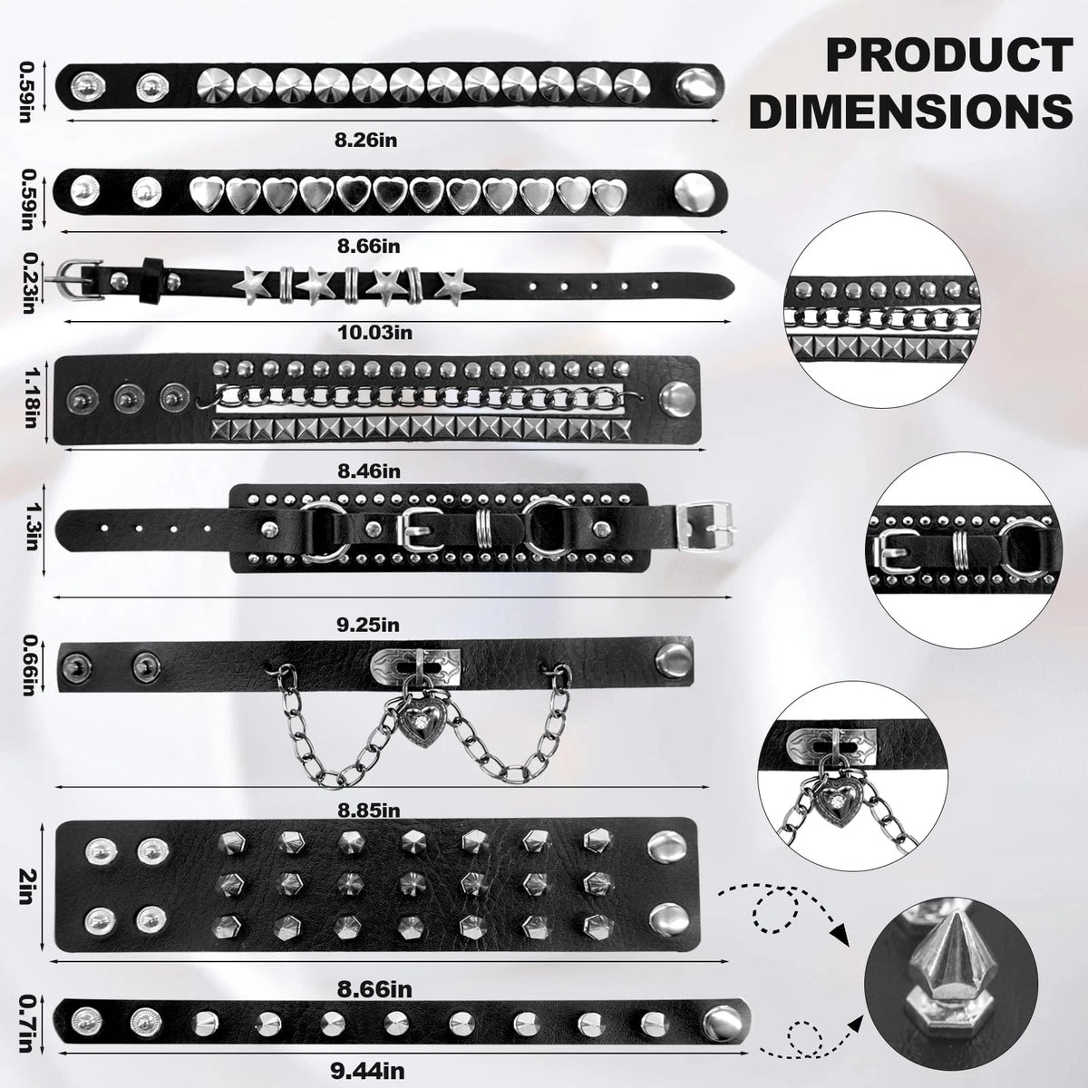 8 Pack Studded Punk Bracelets Faux Leather Spike Wristbands Emo Rock Style