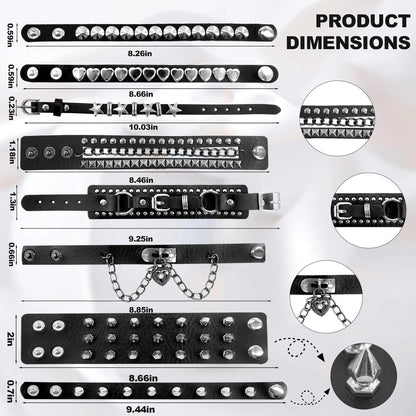 8 Pack Studded Punk Bracelets Faux Leather Spike Wristbands Emo Rock Style