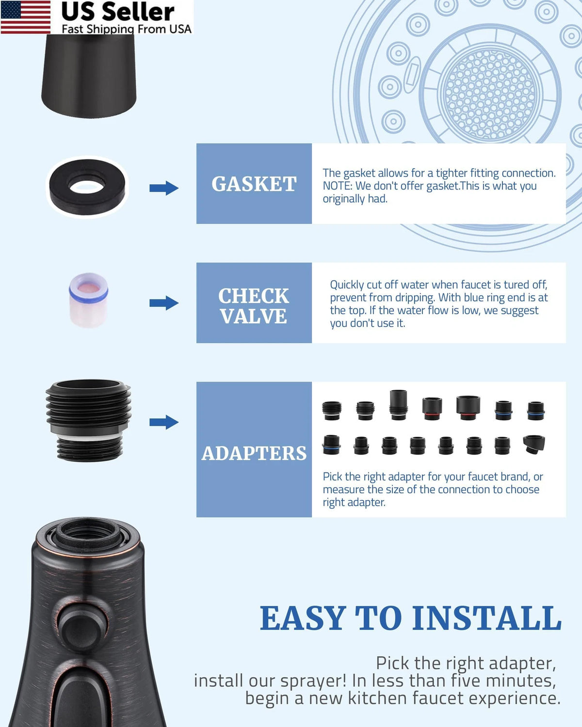 Replacement Spray Head for Kitchen Faucet with 15 Adapters, Oil Rubbed Bronze