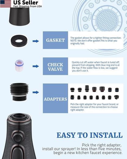 Replacement Spray Head for Kitchen Faucet with 15 Adapters, Oil Rubbed Bronze