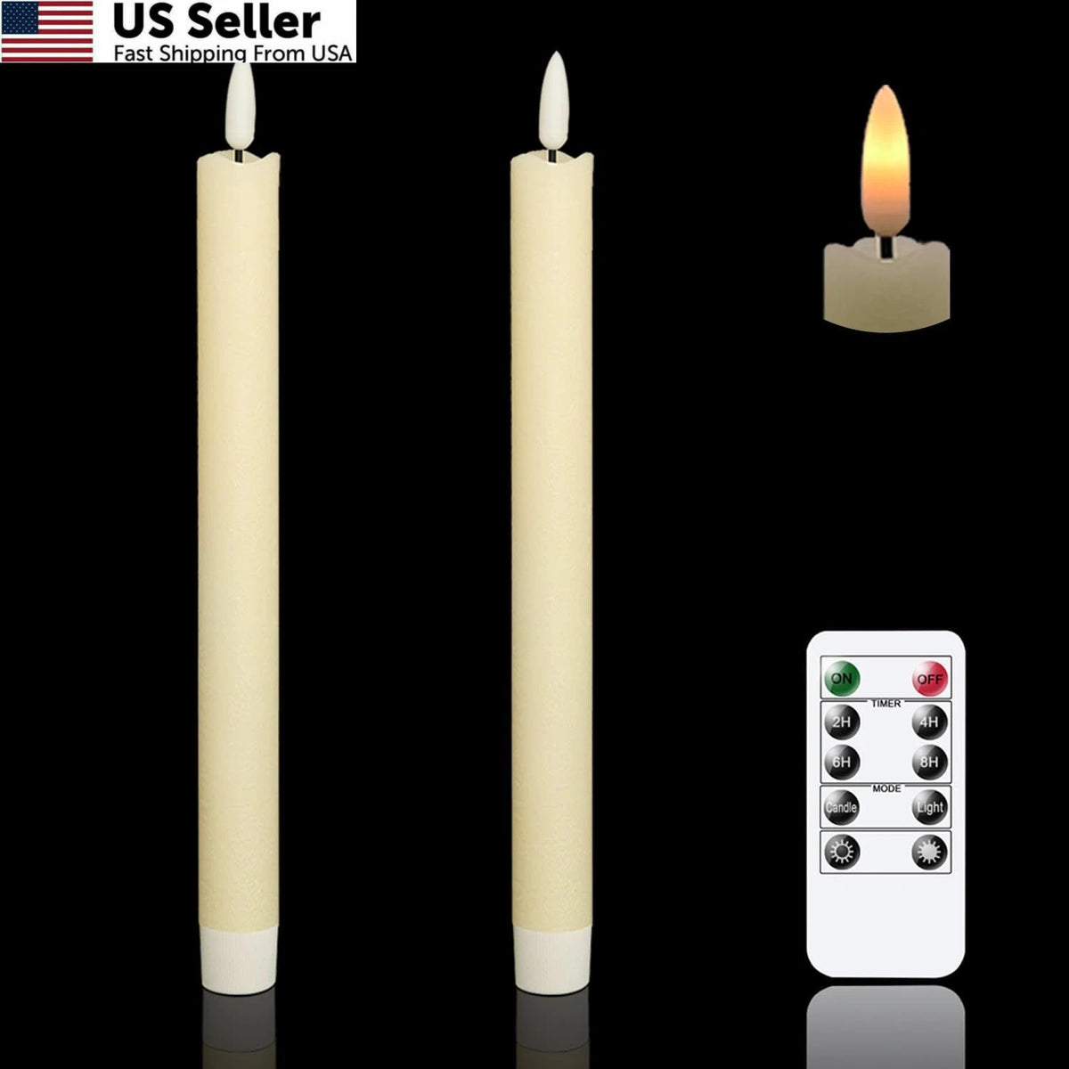 2X LED Taper Candles with Remote Timer for Home Decor (Ivory)