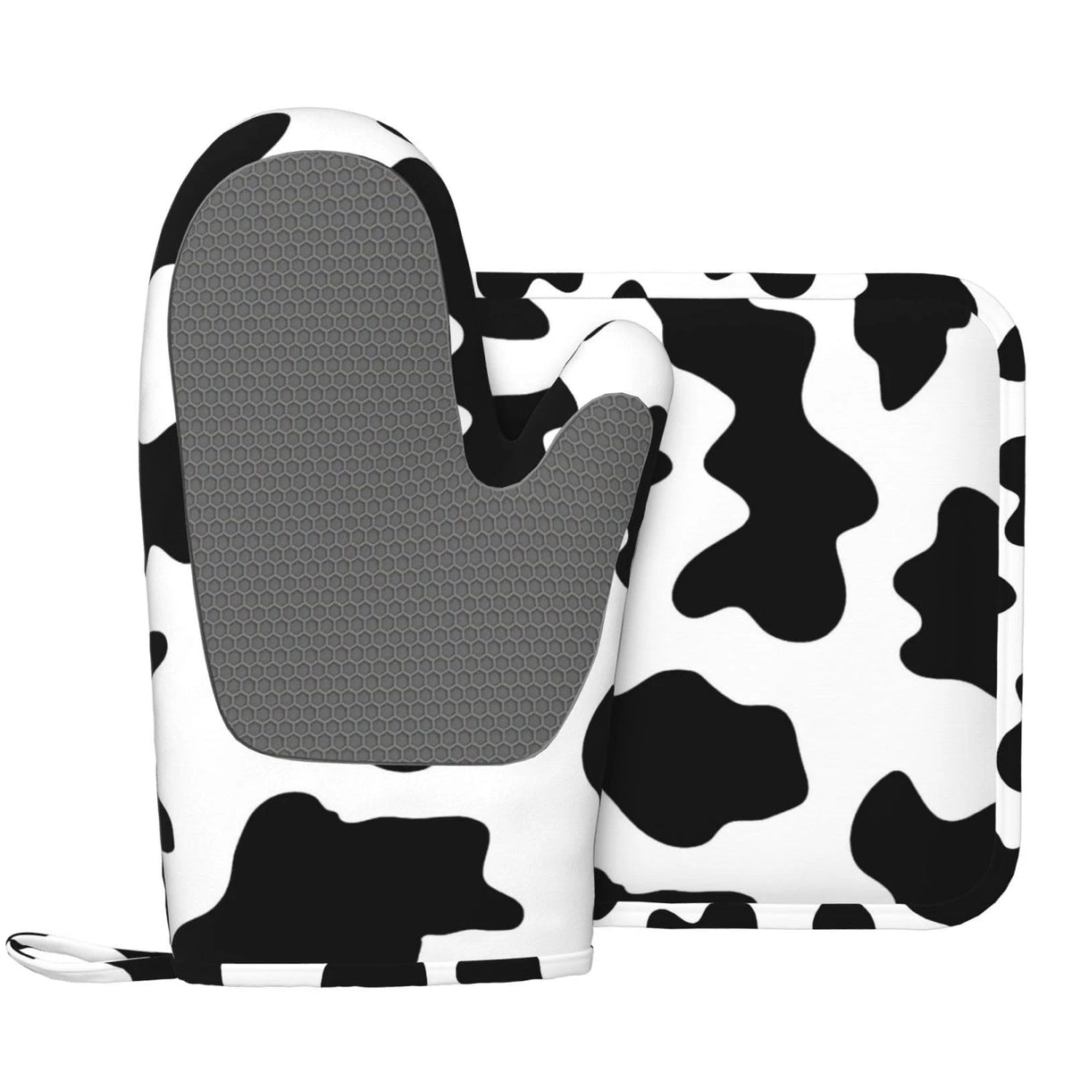 Set of 2 Silicone Oven Mitts and Pot Holders - Heat Resistant Cow Print