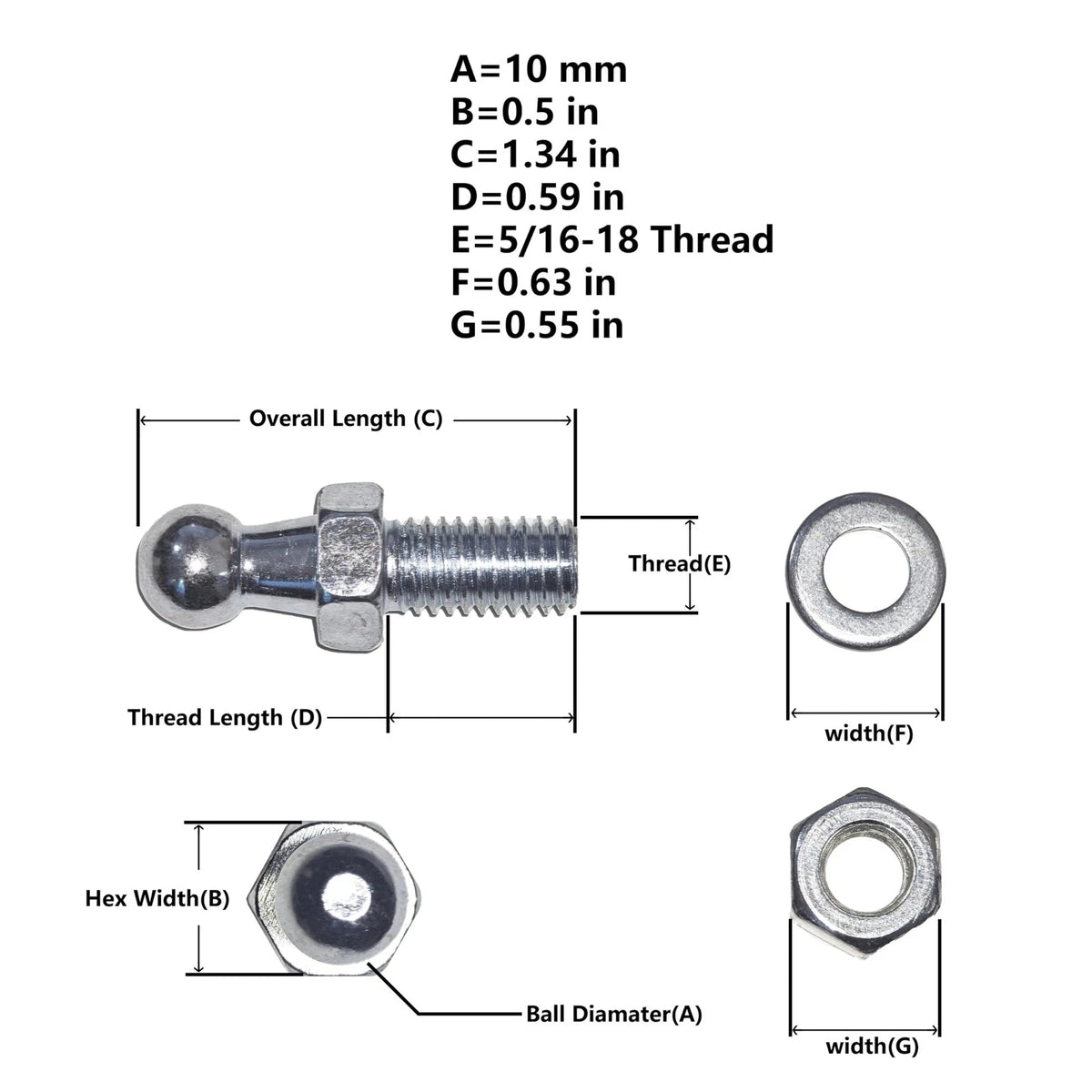 4 Pack 10mm Ball Studs with Hardware - 5/16-18 Thread x 0.59" Long