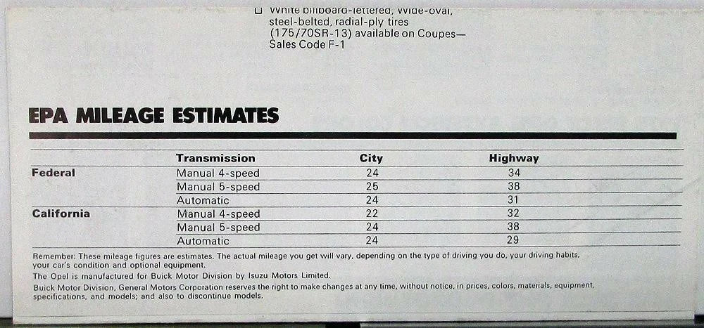 Buick Opel Interior Exterior Colors Specifications Sales Folder (1978)