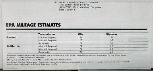 Buick Opel Interior Exterior Colors Specifications Sales Folder (1978)