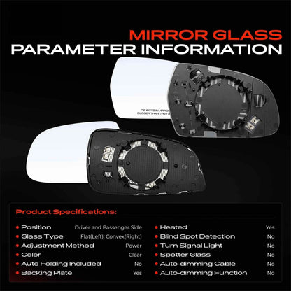2X Power Mirror Glass with Heated for Audi A4 A4 Quattro (2010–2016) 8K0857535D, 8K0857536J