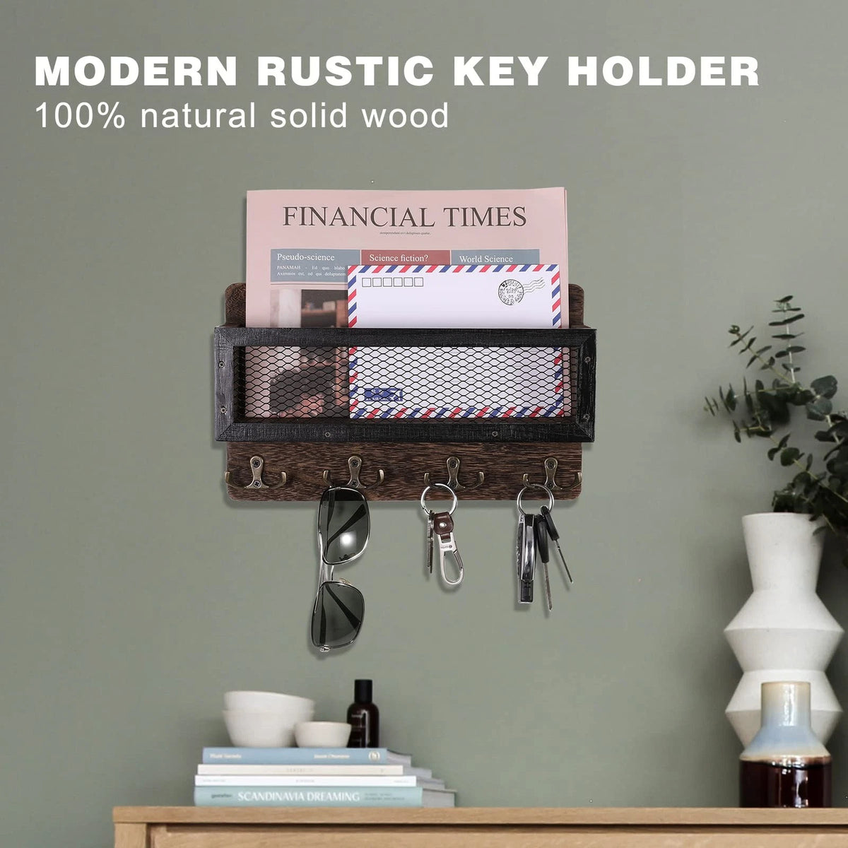 Mail and Key Holder for Wall - Wooden Mount Brown
