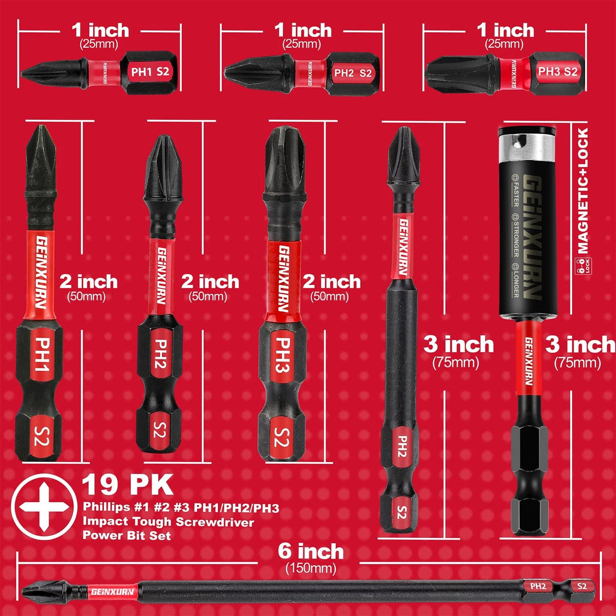 19-Piece Impact Tough Phillips Bits Set for Insert Driver