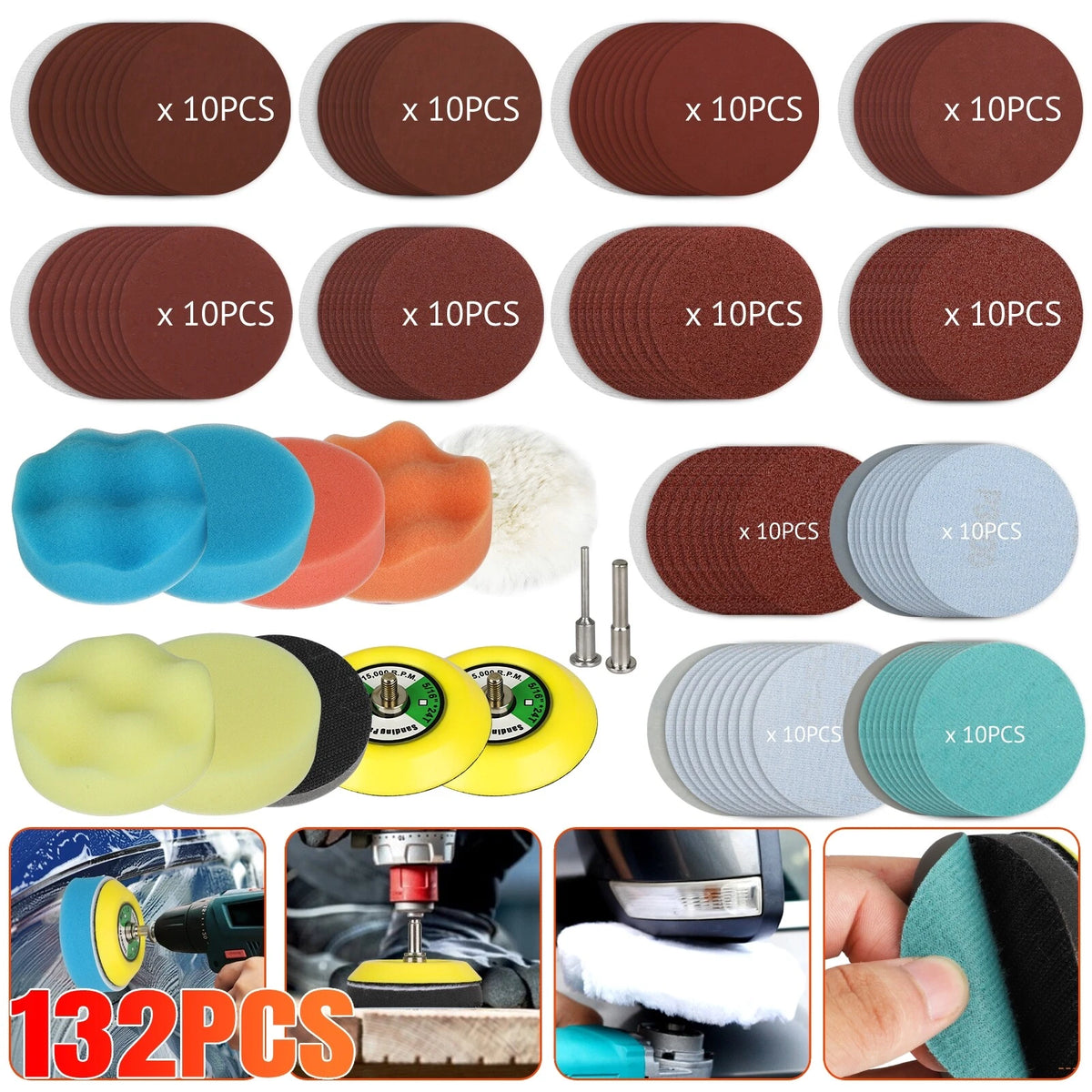 132Pcs Sanding Discs Foam Buffing Polishing Pad Kit for Universal Use