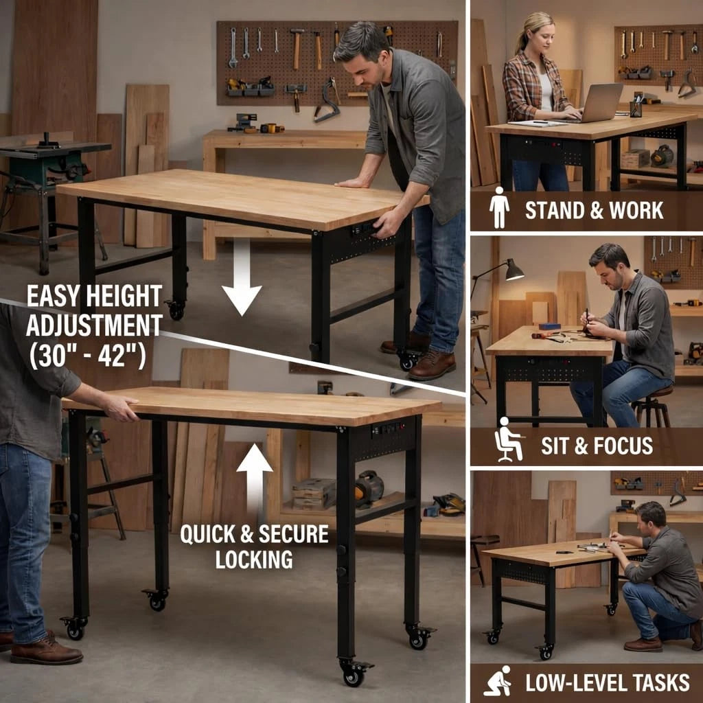 48" Adjustable Height Workbench with Wheels and Rubberwood Top
