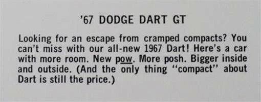 Set of 6 Post Cards for 1967 Dodge Monaco Coronet 500 Polara 500 Dart GT