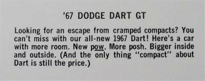 Set of 6 Post Cards for 1967 Dodge Monaco Coronet 500 Polara 500 Dart GT