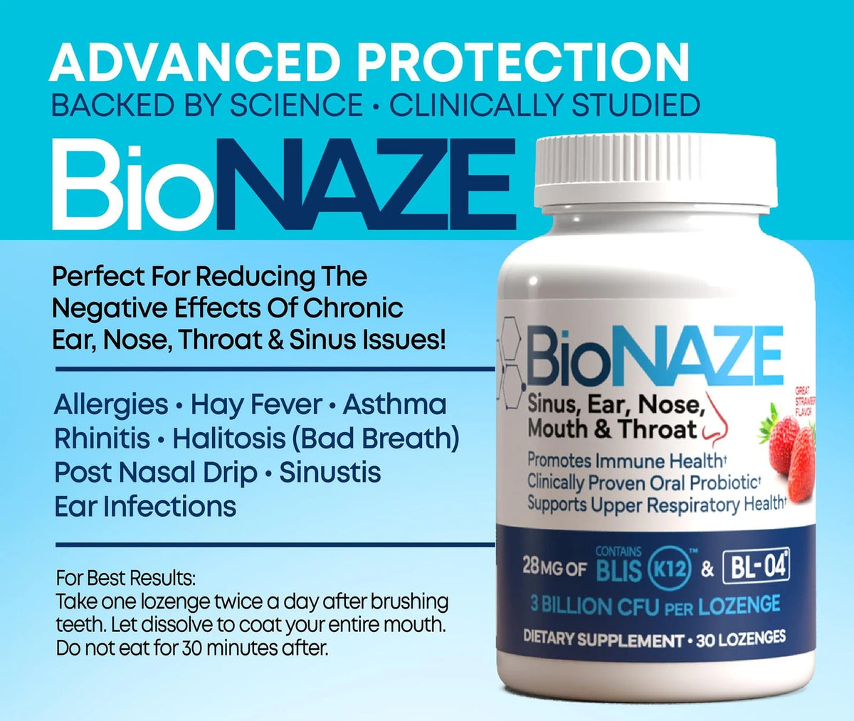 BioNaze Oral Probiotic BLIS K12 & BL-04 for Sinus (30 Count)