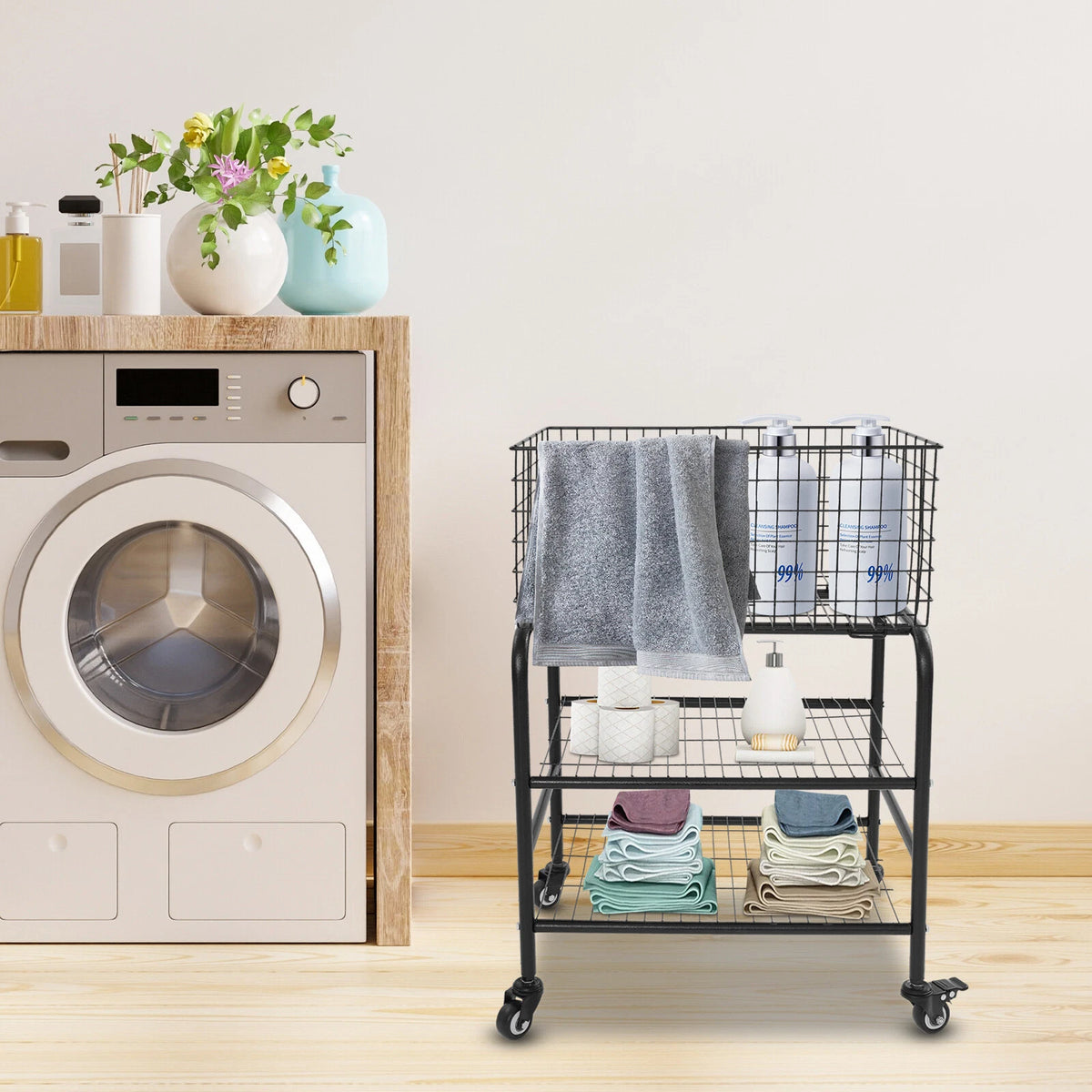 3-Tier Rolling Laundry Basket for Garment Storage Cart