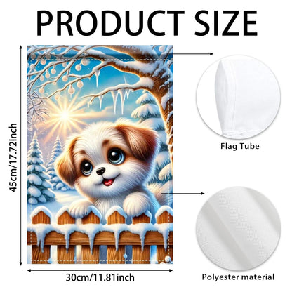 Winter Garden Flag 12x18 Inch Double-Sided Puppy on Snowy Fence