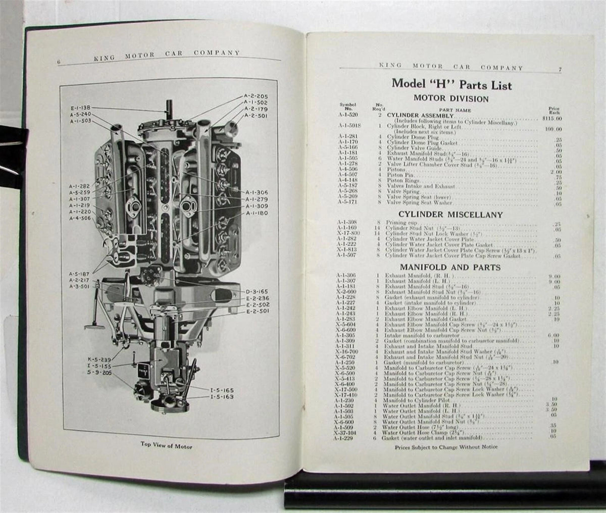 1920 King Model H Parts Book Original