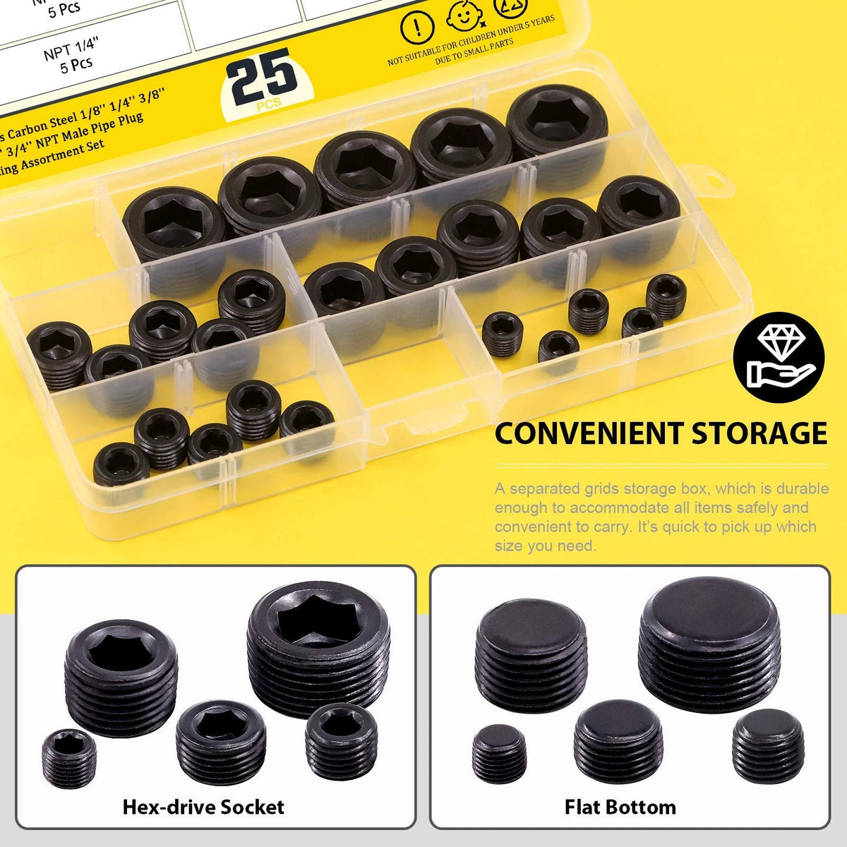 25Pcs NPT Plug Set for Various Applications (1/8, 1/4, 3/8, 1/2, 3/4 inch)