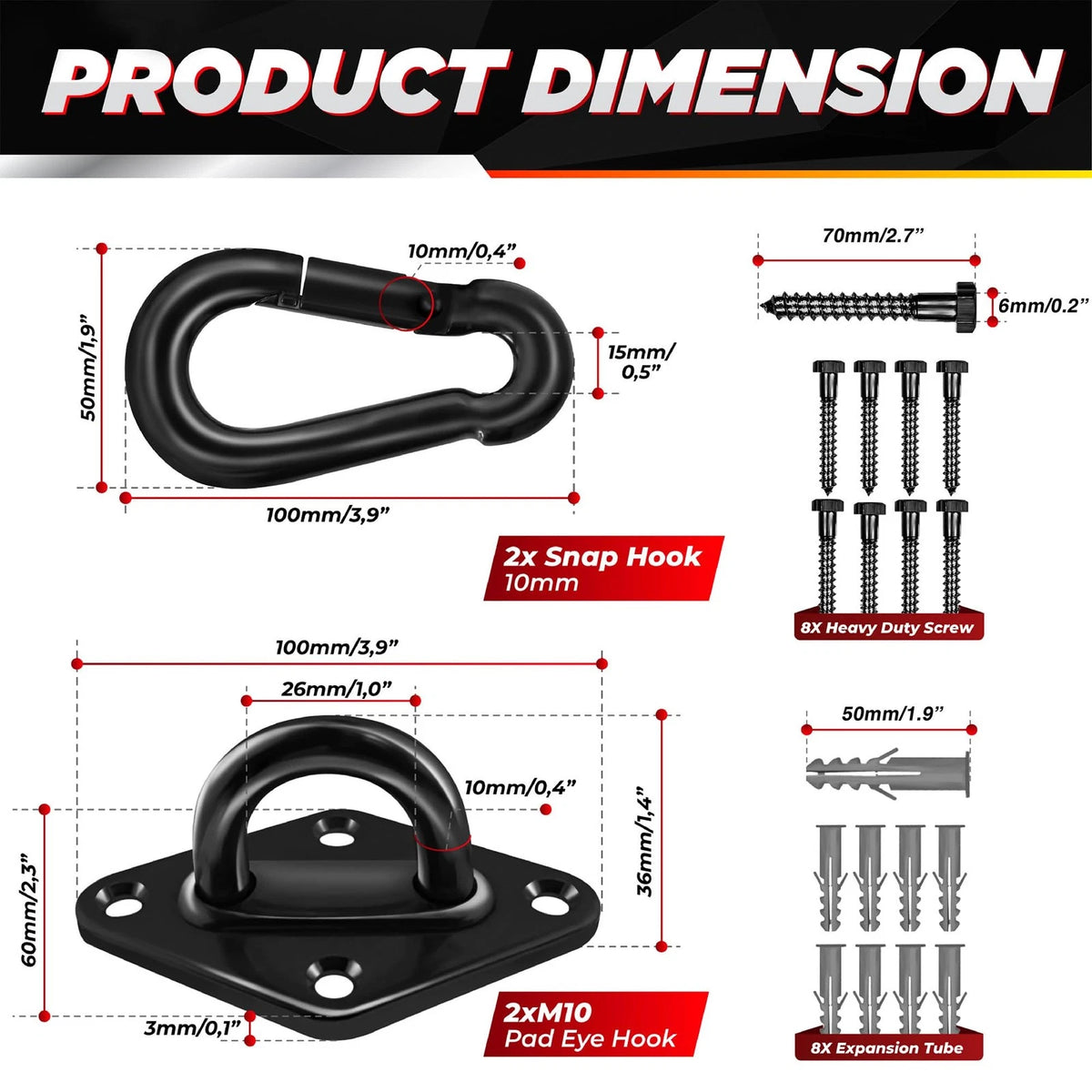 2X Stainless Steel Hammock Hanging Kit 1700lb Capacity 10MM Hooks
