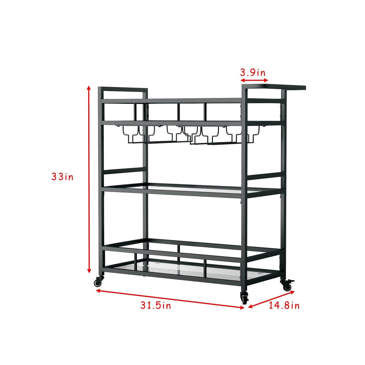 Set of 2 Black Metal Bar Carts with 3 Tier Glass Shelves