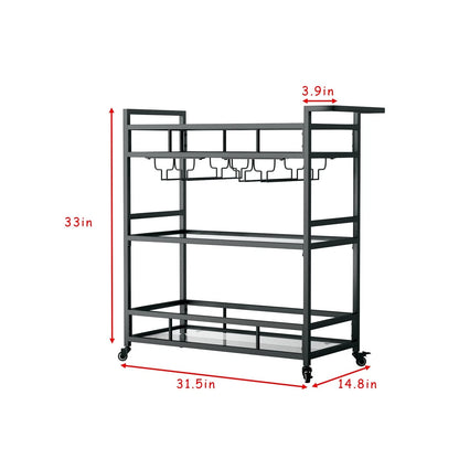Set of 2 Black Metal Bar Carts with 3 Tier Glass Shelves